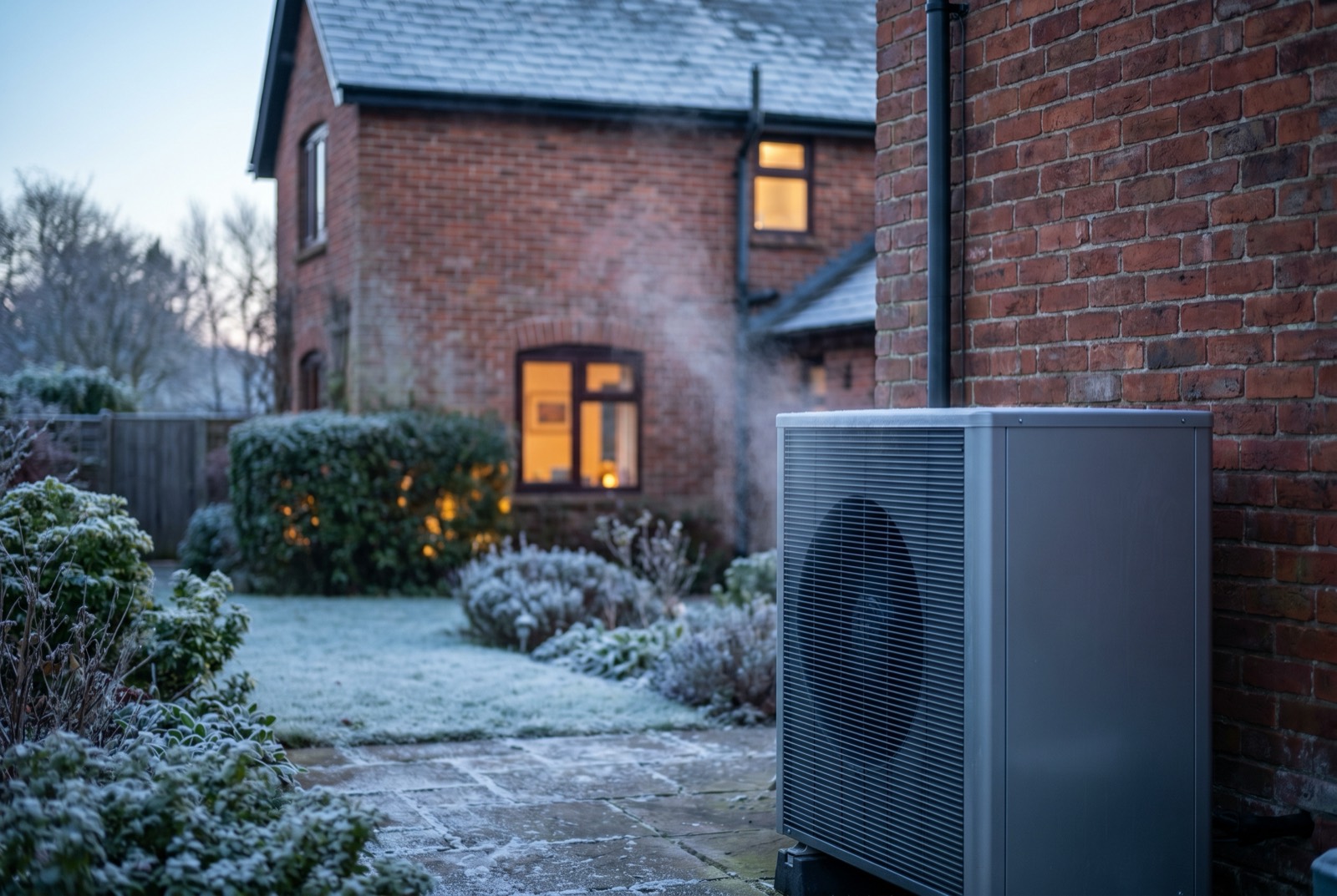 A cold-climate heat pump unit running outside a snow-covered American home in winter