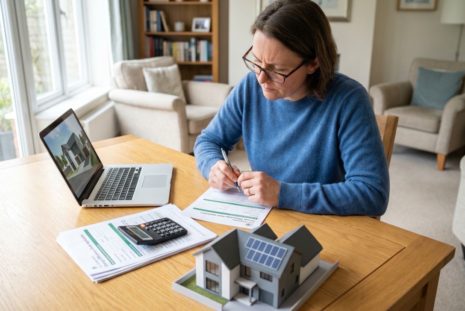 A homeowner planning a home energy upgrade with a laptop, utility bills and incentive paperwork spread on a table